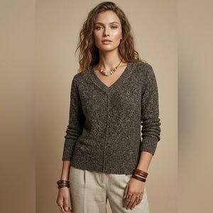 Eileen Fisher 100% Linen Marled Knit V-Neck Sweater Black White Size Medium